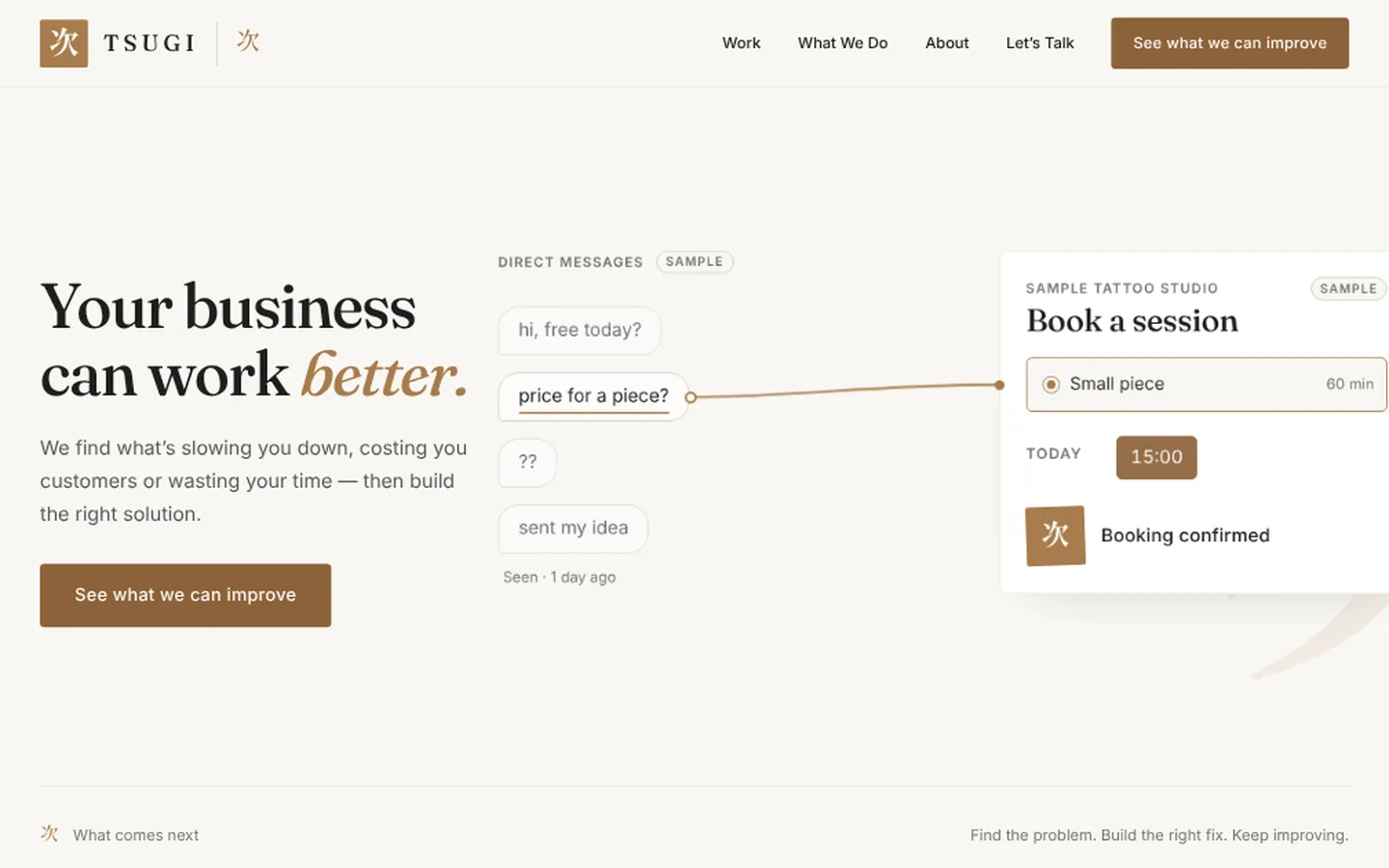 TSUGI agency site hero: Your business can work better, with a sample booking flow
